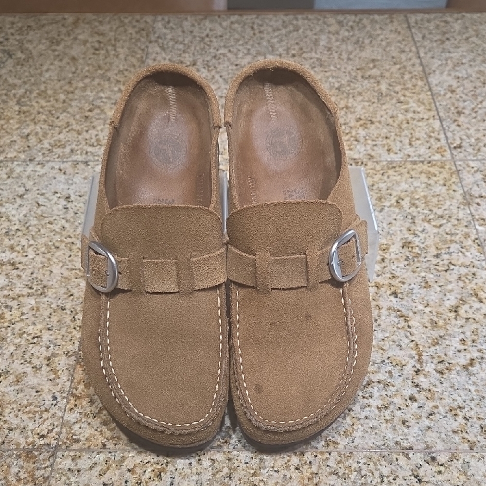 Birkenstock Buckley Tan Suede Mules with Silver Buckle